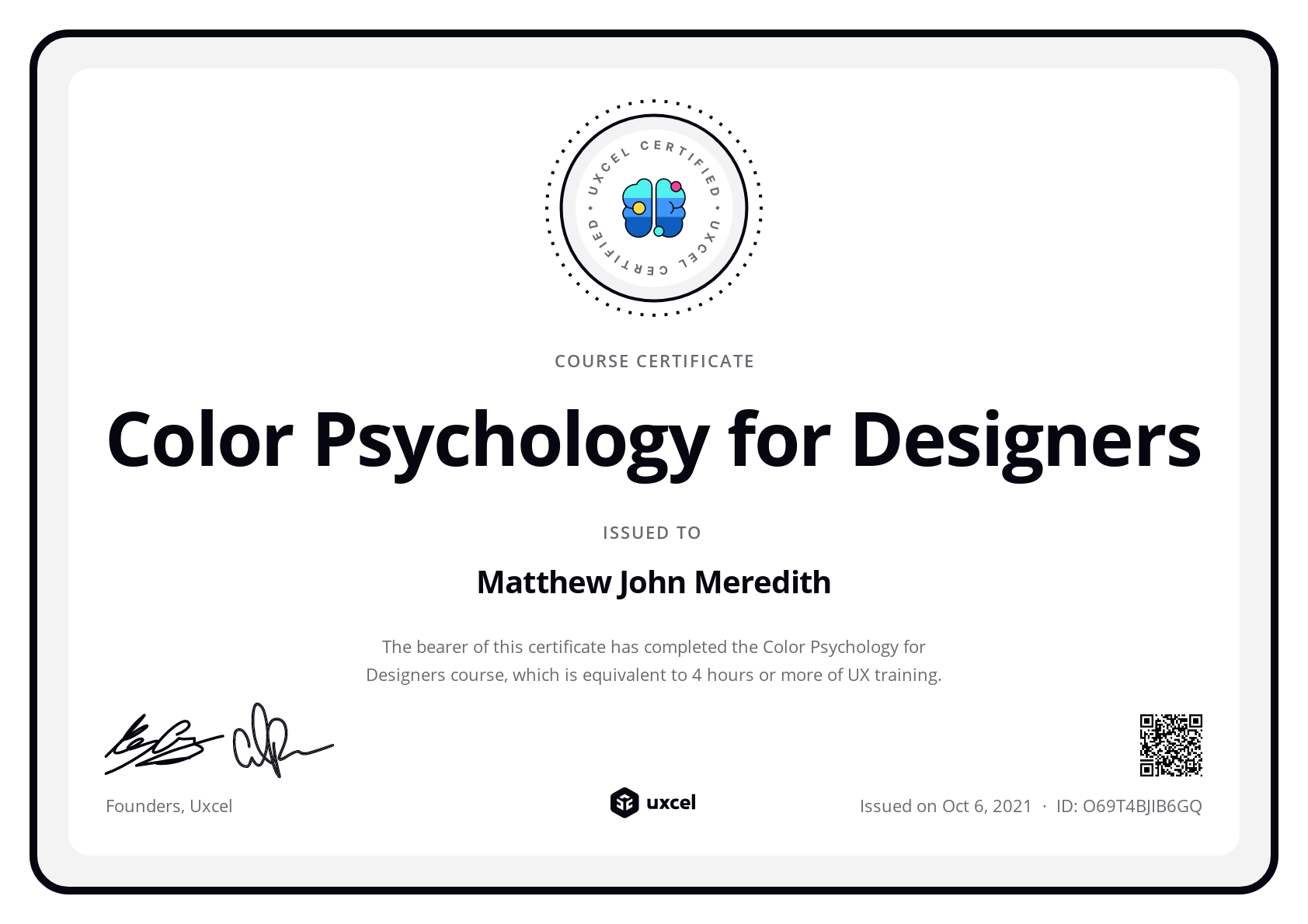 Matthew John Meredith's certificate